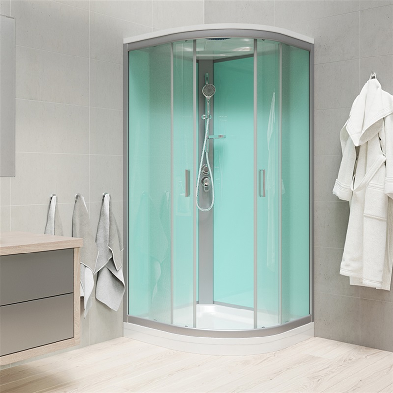 Sprchový box, čtvrtkruh, 90 cm, satin ALU, sklo Point, zadní stěny zelené, SMC vanička, bez stříšky