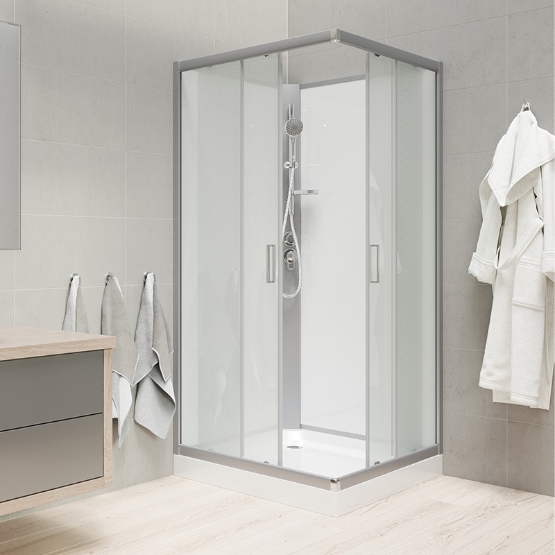 Sprchový box, čtvercový, 90 cm, satin ALU, sklo Point, zadní stěny bílé, litá vanička, se stříškou