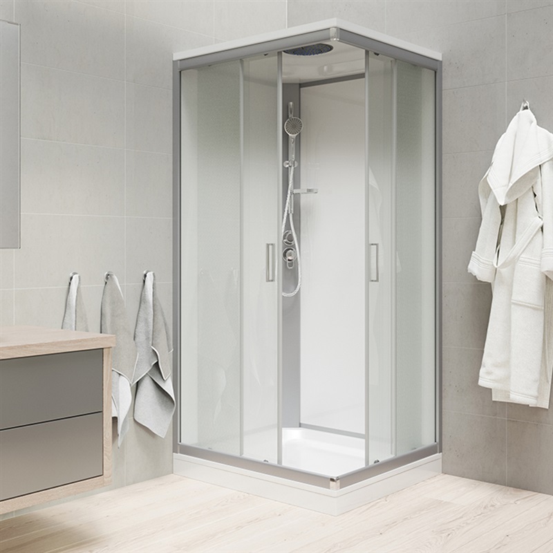 Sprchový box, čtvercový, 90 cm, satin ALU, sklo Point, zadní stěny bílé, litá vanička, bez stříšky