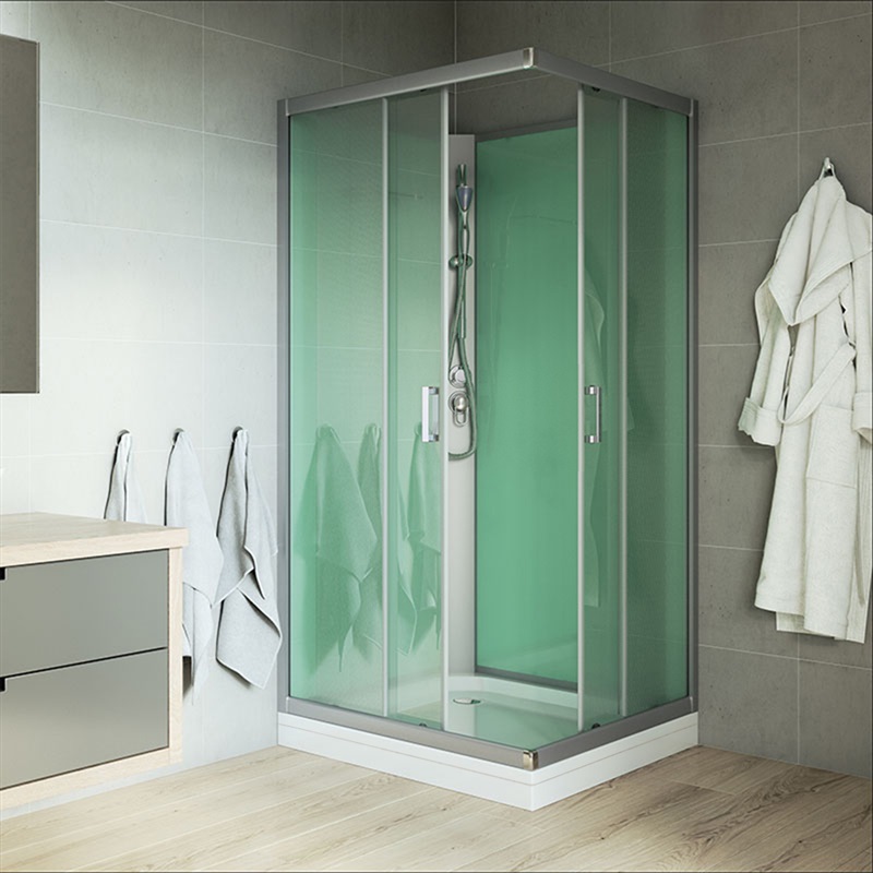 Sprchový box, čtvercový, 90x90 cm, satin ALU, sklo Point, zadní stěny zelené