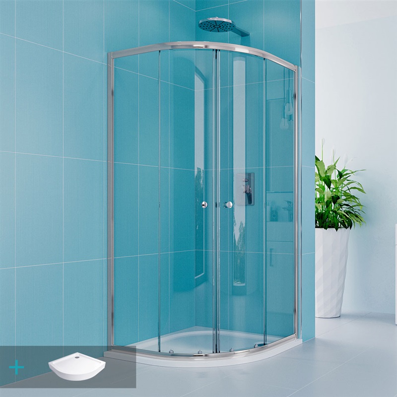 Sprchový set z Kory Lite, čtvrtkruh, 90 cm, chrom ALU, sklo Čiré a nízké SMC vaničky