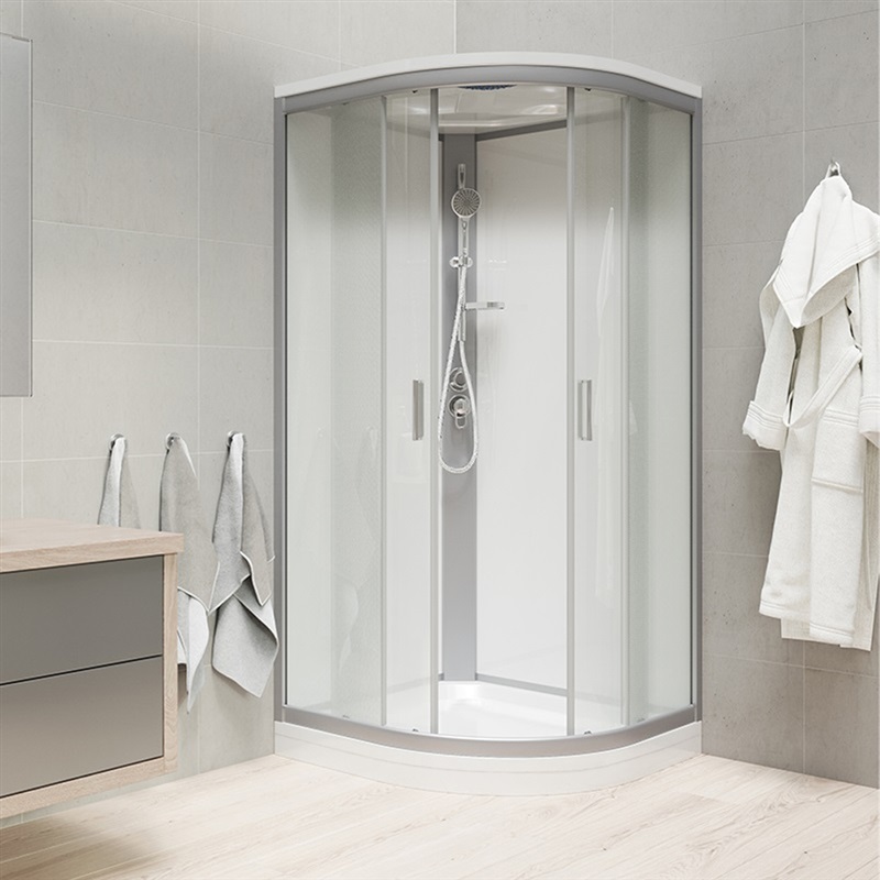 Sprchový box, čtvrtkruh, 80 cm, satin ALU, sklo Point, zadní stěny bílé, litá vanička, bez stříšky