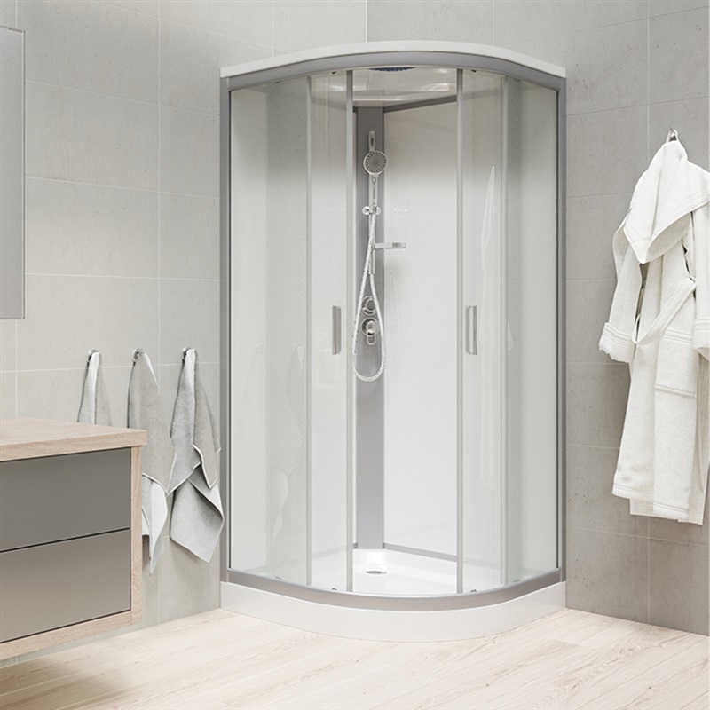 Sprchový box, čtvrtkruh, se stříškou, s vaničkoum R550, satin ALU, sklo Point, zadní stěny bílé