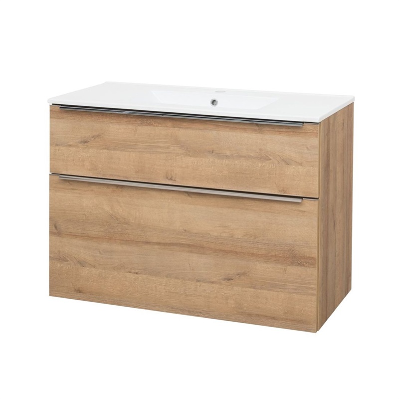 Mailo, koupelnová skříňka s keramickým umyvadlem, bílá, dub, antracit, 2 zásuvky, 1010x580x458 mm