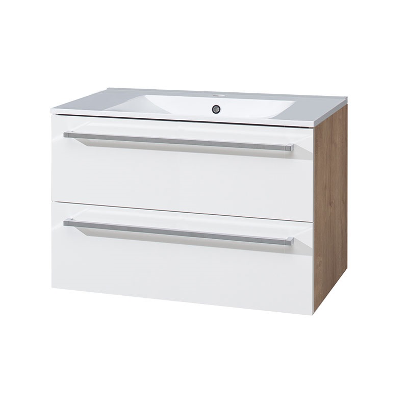 Bino koupelnová skříňka s keramickým umyvadlem, 80 cm,  bílá/bílá, 2 zásuvky