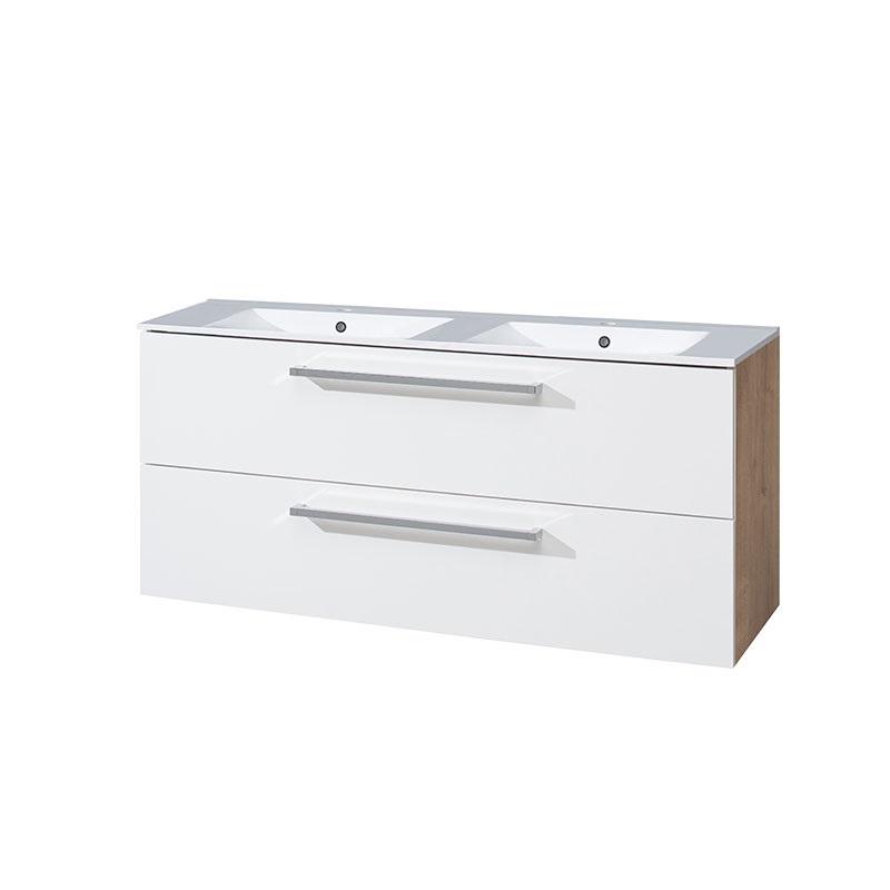 Bino koupelnová skříňka s keramickým dvoumyvadlem 120 cm,  bílá/bílá, 2 zásuvky