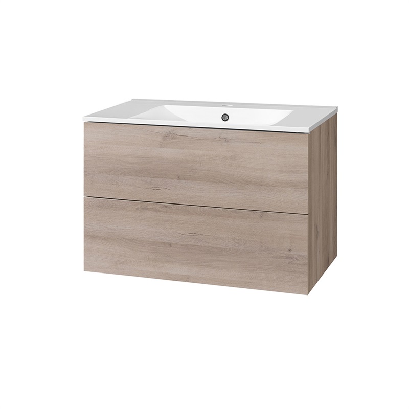 Aira, koupelnová skříňka s keramický umyvadlem 80 cm, bílá, dub, šedá