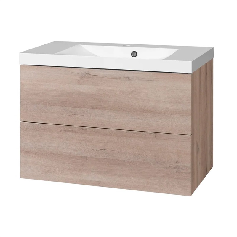 Aira, koupelnová skříňka s umyvadlem z litého mramoru 81 cm, bílá, dub, šedá