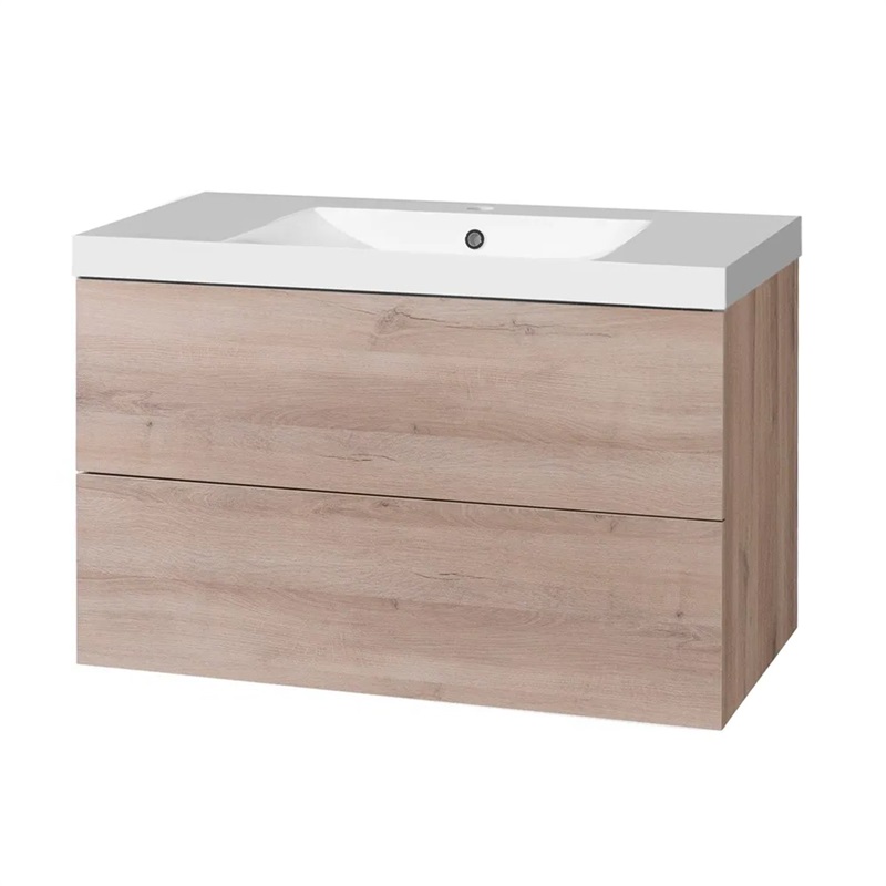 Aira, koupelnová skříňka s umyvadlem z litého mramoru 101 cm, bílá, dub, šedá