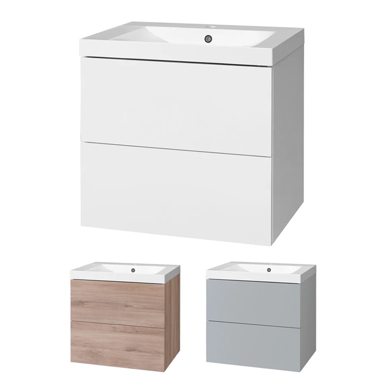 Aira, koupelnová skříňka s umyvadlem z litého mramoru 61 cm, bílá, dub, šedá