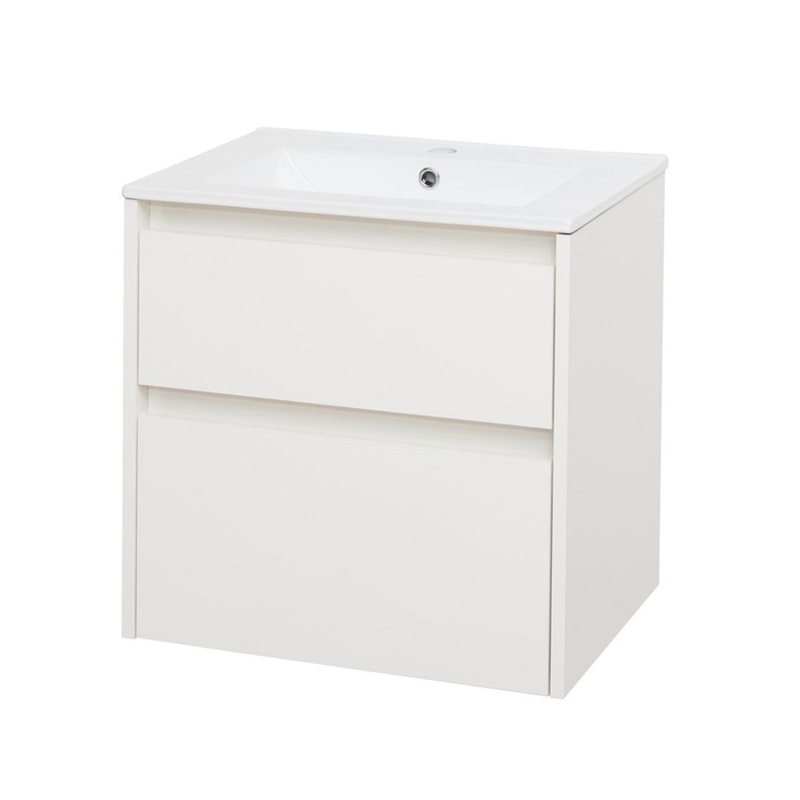 Opto, koupelnová skříňka s keramickým umyvadlem, bílá/dub, 2 zásuvky, 610x580x458 mm
